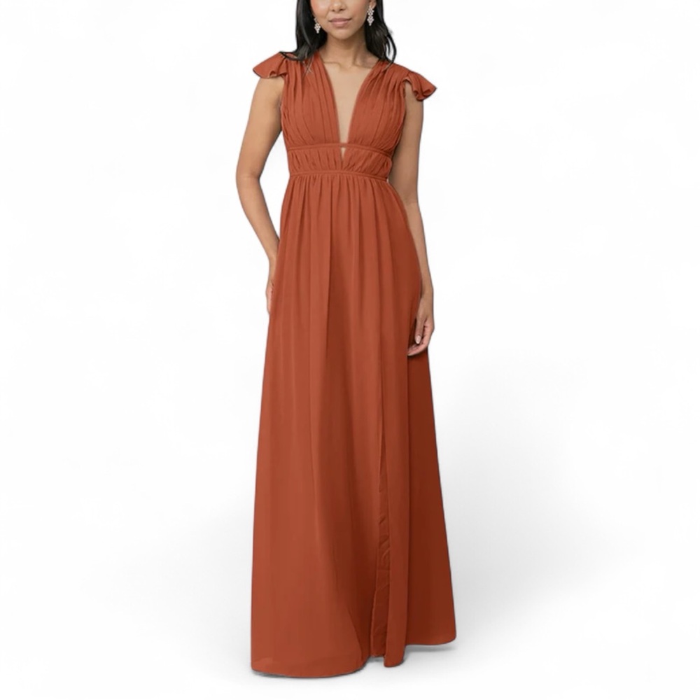Revelry Cora Chiffon Flutter Sleeve Gown Size 4 Burnt Orange